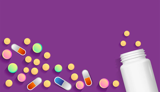 Pill bottle and round pills on the table. 3d, vector image.