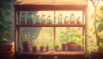  a shelf filled with lots of potted plants next to a window filled with glass bottles with plants inside of them on top of a wooden shelf.  generative ai