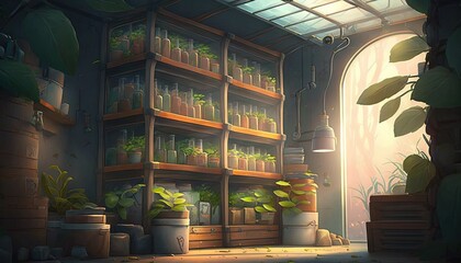  a room filled with lots of potted plants and plants in containers next to a window with a light coming through the window on the wall.  generative ai