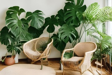 Cozy eco-house with room with rattan chairs, jute rugs on the floor and giant Monstera Deliciosa plant. Natural sustainable materials in eco-friendly interior design - generative ai - obrazy, fototapety, plakaty