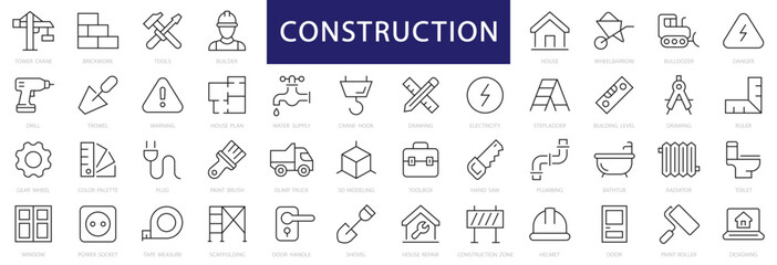 Fototapeta na wymiar Construction thin line icons set. Construction Editable Stroke icon collection. Builder, Tools, House icons. Vector