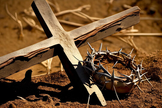 Passion Of Jesus Christ, Hammer and Nails And Crown Of Thorns On Arid Ground