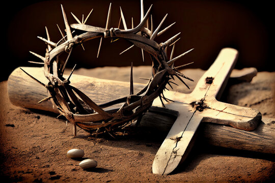 Passion Of Jesus Christ, Hammer and Nails And Crown Of Thorns On Arid Ground