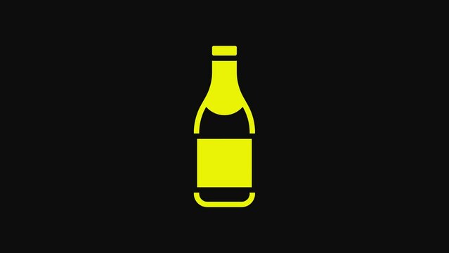 Yellow Champagne bottle icon isolated on black background. Merry Christmas and Happy New Year. 4K Video motion graphic animation