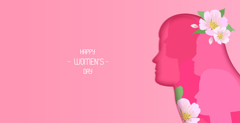 Women's Day pink banner with woman silhouette and flowers. Vector greeting background for 8 March.