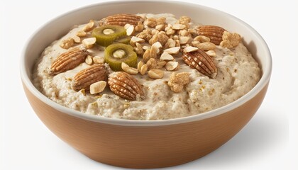 Fototapeta na wymiar a bowl of oatmeal with nuts and a pickle in the middle of the oatmeal is ready to be eaten. generative ai