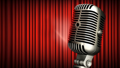 Fototapeta na wymiar Microphone on the background of a red curtain. Realistic background. Comedian night show, comedy show, stand up concert. Musical Theatre. Karaoke parties. Place for your text. AI