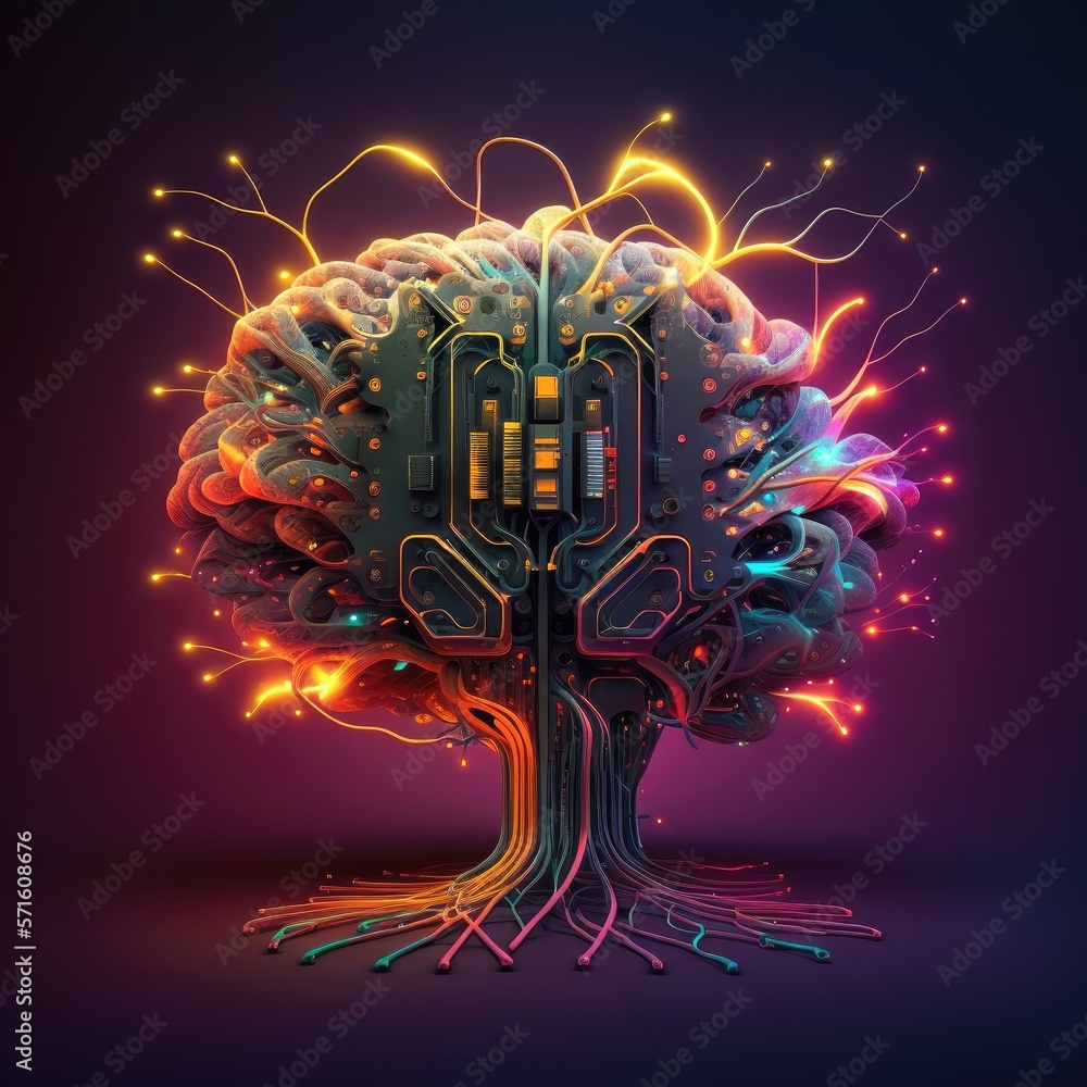Poster microchip inside cloud of dots and lines in shape of biological brain, organic nervous system. elect