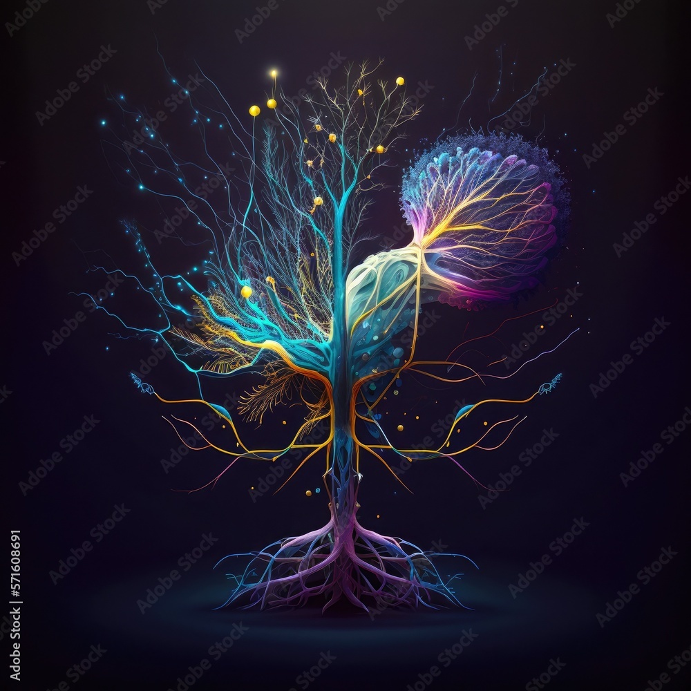 Poster tree, cloud of dots and lines in shape of biological nervous system. electric activity inside the sy