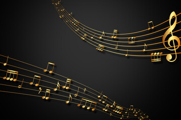 Abstract musical background. Gold music notes and treble clef on line wave of sound tune - obrazy, fototapety, plakaty