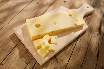 cheese on a cutting board. dairy product on a wooden background. pieces of cheese next to the whole. snack under the sunlight in a rustic style