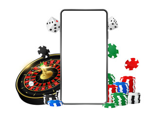 Online casino on mobile. Games roulette poker chips and Dice. Smartphone screen copy space for text vertical. File PNG 3D realistic.