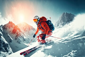 An extreme winter skier in a mask and helmet wearing red jacket is going down a virgin sharp slope in the mountain hills. Generative AI