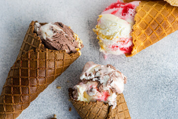 Waffle cones with ice cream