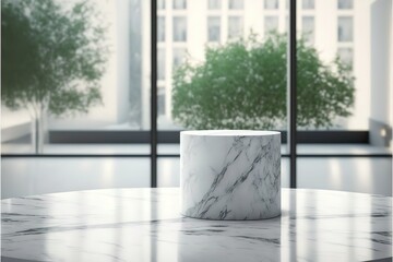 Empty white marble table and blur glass wall background window room interior decoration background, product montage display,can be used for display or montage your products