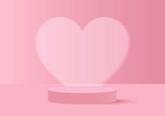 Realistic pink 3D cylinder pedestal podium with heart shape shadow background. Valentine minimal scene for products showcase, Promotion display. Vector abstract studio room platform design