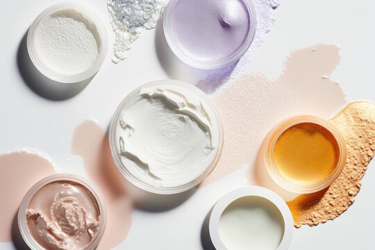Smudges and samples of various beauty products, cream, moisturizer, serum on off white neutral background. AI generative