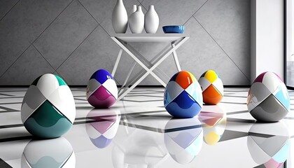  a group of colorful eggs sitting on top of a white table next to a vase and a table with a vase on it and a tray on top.  generative ai