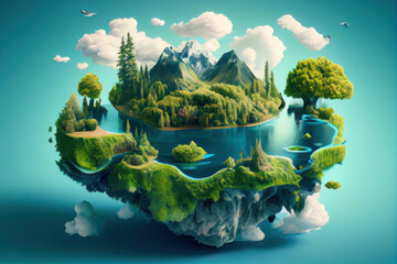 Floating island with lake and beautiful landscape. 3d illustration of flying land green forest with trees, mountains, animals, water isolated with clouds.  - obrazy, fototapety, plakaty