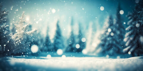 Fototapeta na wymiar Snowy scene with trees and snow flakes. Generative AI.