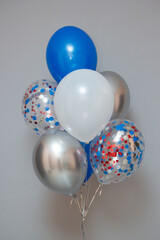 set of blue and white latex balloons, balloons with confetti