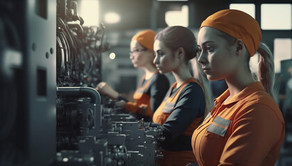 A group of empowered women working together in a factory or production line, Related to Women's History Month themes. Created with generative AI technology.