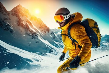 An extreme winter skier in a mask and helmet wearing yellow jacket is going down a virgin sharp slope in the mountain hills. Generative AI