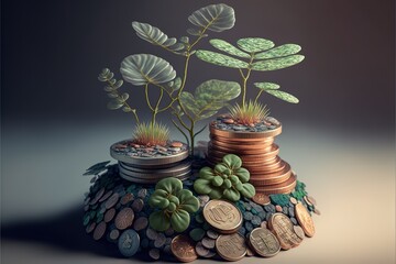 Stacking of coins with plants growing on top for financial and business background. Savings and Accounts, Investments, Funds, Bonds, Dividends, and Interest, Finance Banking Business Ideas