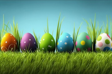 Easter Banner A Row Of Brightly Painted Eggs On Grass. Generative AI