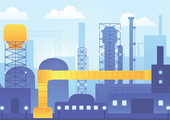 Obraz premium Building industrial concept. Production of products and construction of buildings, urban architecture. Poster or banner. Chemical crude transformation into fuel. Cartoon flat vector illustration