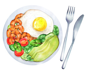 Soft fried egg with shrimps, fresh salad and avocado. Watercolor illustration
