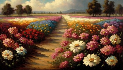  a painting of a field of flowers with a path leading to a person on a horse - drawn carriage in the distance, with trees and clouds in the background.  generative ai