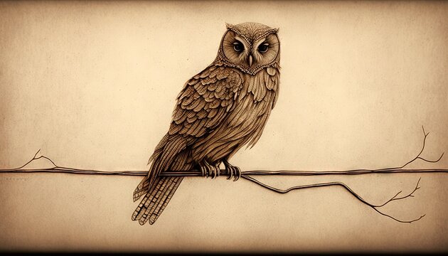  a drawing of an owl sitting on a branch on a light colored background with a black border around the image and a black border around the edges.  generative ai