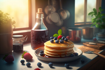 Fototapeta na wymiar Stack of pancakes on plate with berries and syrup. Generative AI.