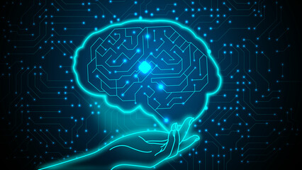 Artificial intelligence of futuristic cyber technology innovation digital concept. Human hand and brain, virtual electronic circuit. AI genius, vector of abstract business, big data mining, techno web