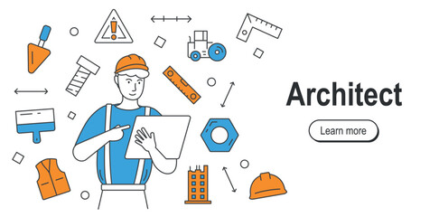 Construction and architecture. Man in construction helmet with blueprint next to tools. Ruler, tractor, bolt and spatula. Worker or engineer. Landing page design. Cartoon flat vector illustration