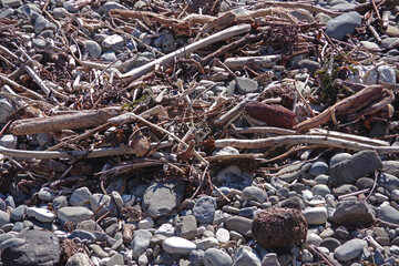 Rocks and debris on a pacific ocean beach after heavy winter storms