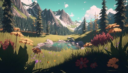  a painting of a mountain landscape with flowers and a lake in the middle of the picture and a few mountains in the background with clouds.  generative ai