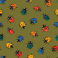 Hand drawn colourful cartoon ladybugs seamless pattern for fabric, stationery, notebook cover or print material.