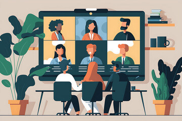 Flat vector illustration Diverse company employees having online business conference video call on tv screen in conference room. Video conference presentations, global virtual group business training.