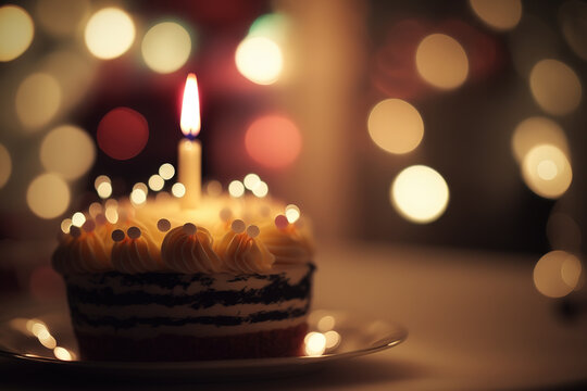 A birthday cake with candle lighting placed on table with light bokeh background. Generative Ai image.