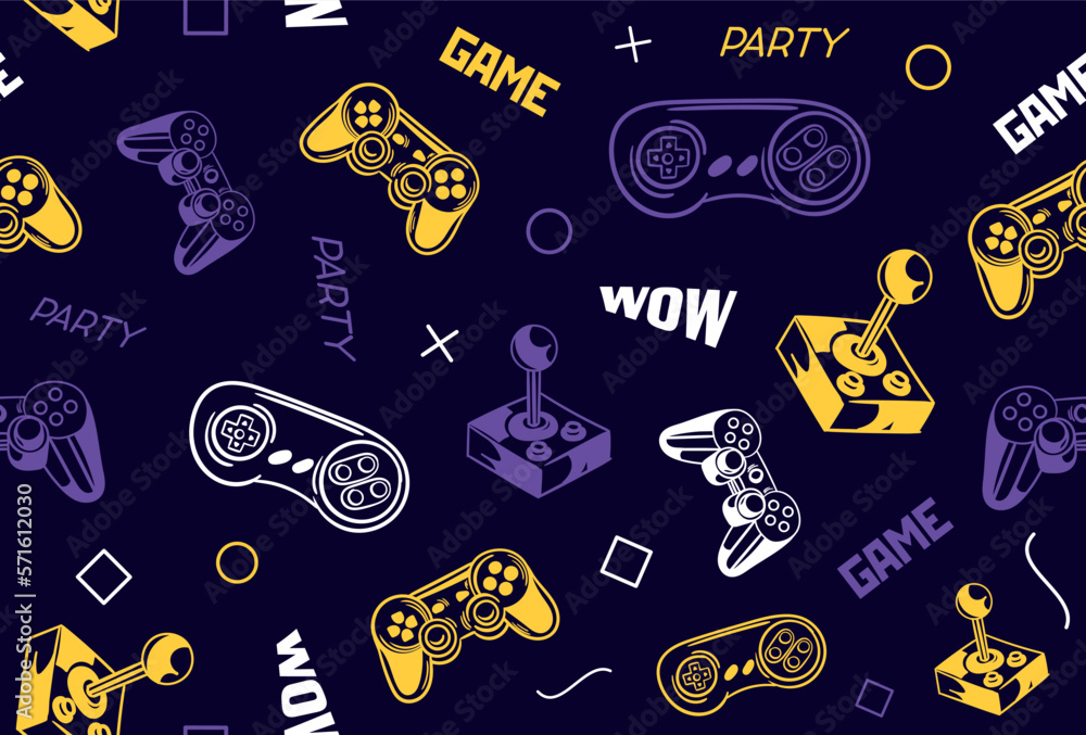 Poster game seamless pattern. repeating design element for printing on fabric. controller, gamepad and joys