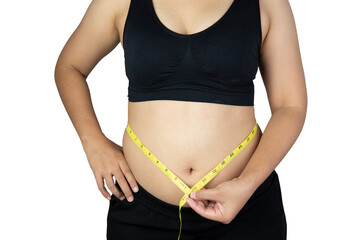 Overweight woman wearing black clothes on white background