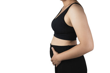 Overweight woman wearing black clothes on white background