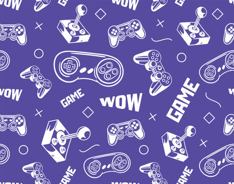 Game seamless pattern. Repeating design element for printing on wrapping paper. Gamepad and joystick, text. Entertainment and video game console, virtual reality. Cartoon flat vector illustration