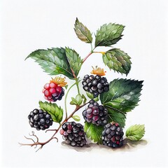 Watercolor Blackberries Isolated on White Background. Generative AI.