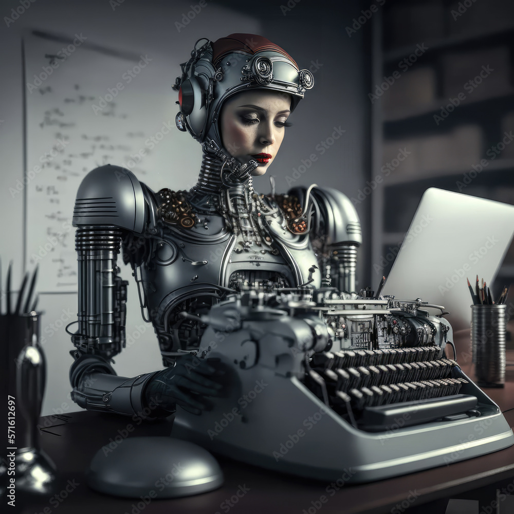 Fototapete Robot in office at typewriter. Chatbot Cyborg at desk. Ai generative content
