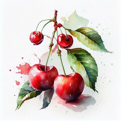 Watercolor Cherries Isolated on White Background. Generative AI