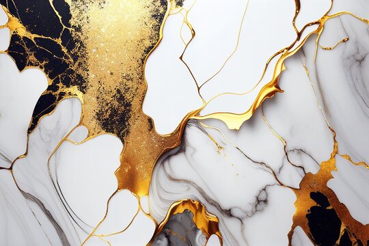 Artistic marble and sparkling gold splatter texture with Generative AI