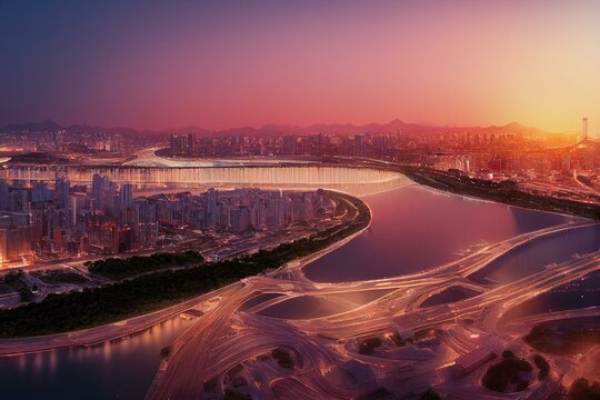 Seoul City At Sunset And Han River South Korea. Generative AI